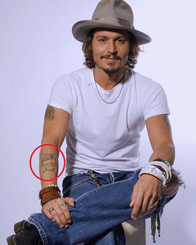 Jack: Depp also has a tattoo of his son’s name, Jack, on his left arm, below a sparrow flying over water. He got the tattoo to match the one he had for his character Jack Sparrow in the “Pirates of the Caribbean” movies.