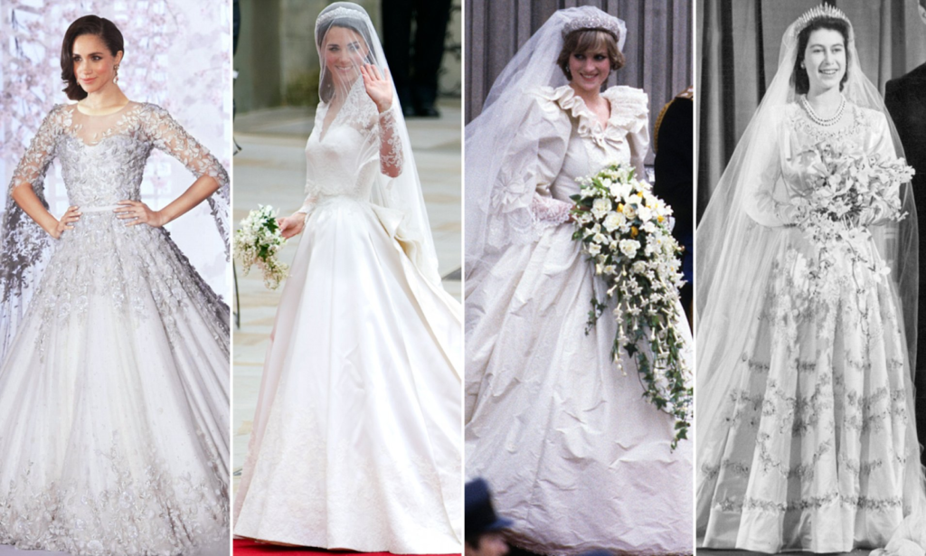 Wedding Dress Comparison And Contrast: Queen Elizabeth II, Princess Diana, Meghan Markle