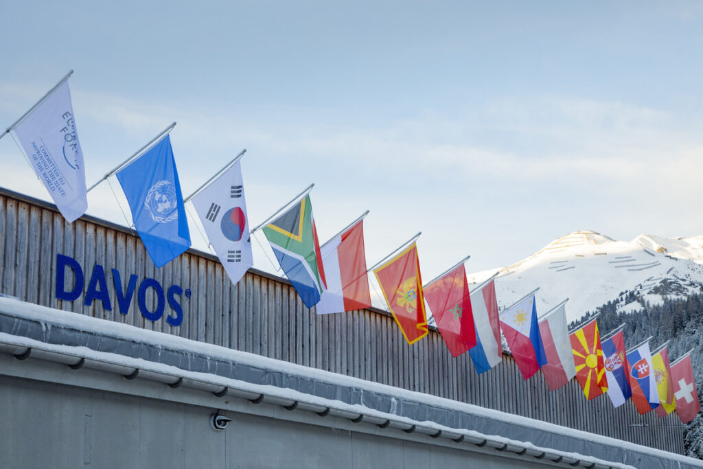 The meeting site of World Economic Forum 2024 at Davos showing flags of different countries